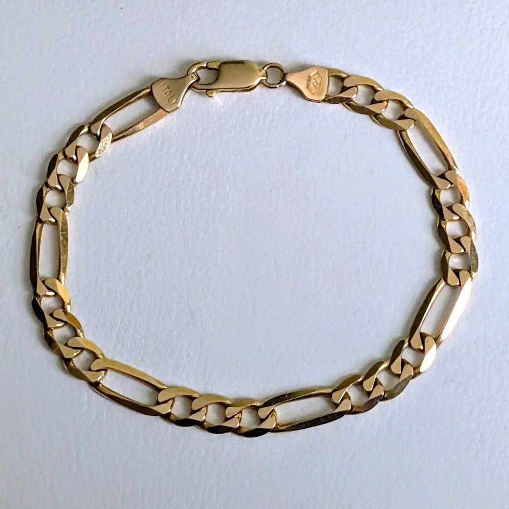 Vintage Italy Designer Unisex Solid 14K Yellow Gold Figaro Link Chain Bracelet